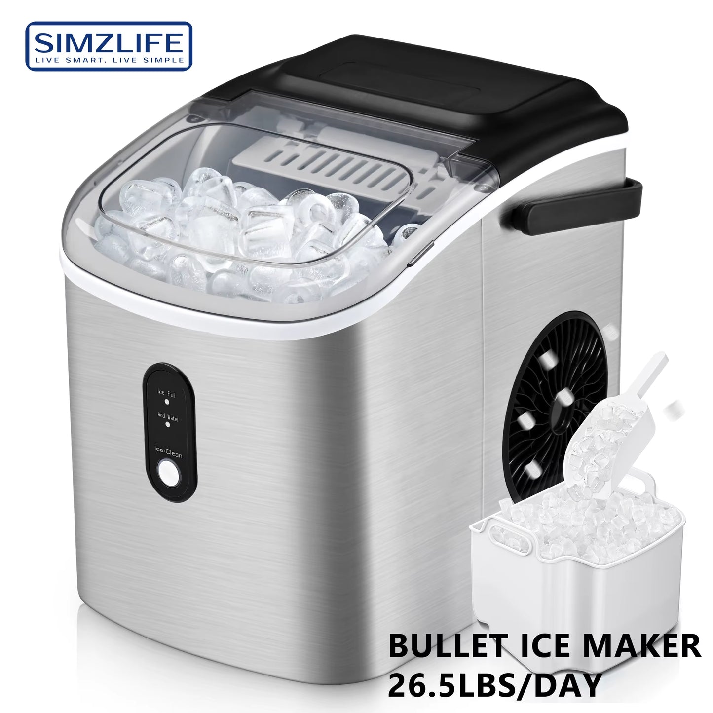 Portable Countertop Ice Maker with Handle – 26 lbs/24H, 9 Bullet Cubes in 6 Mins, Auto-Cleaning, Compact & Quiet – Silver
