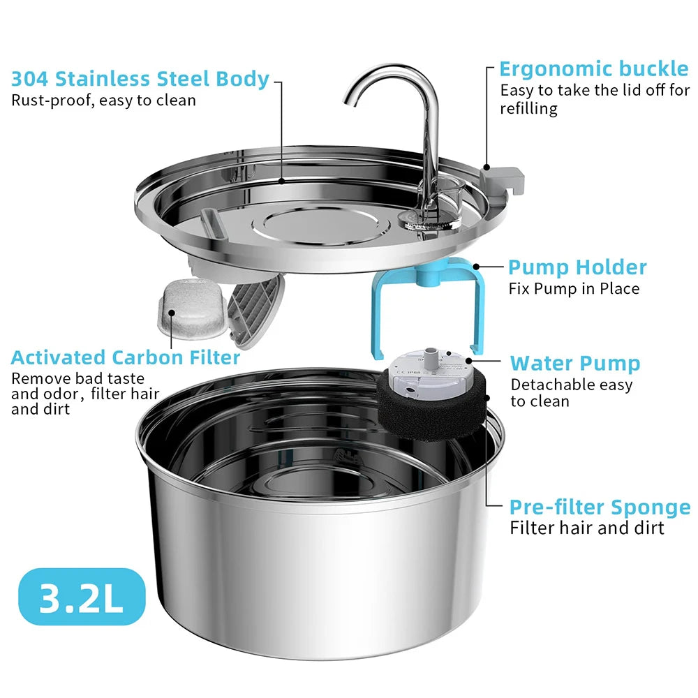Automatic Stainless Steel Water Fountain- USB Quiet Auto Feeder for Cats & Dogs with Filter