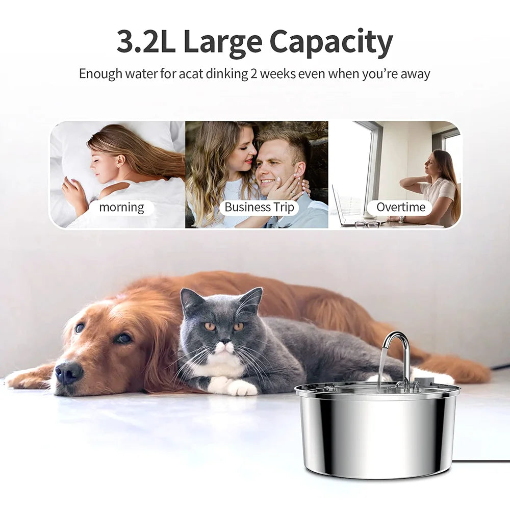 Automatic Stainless Steel Water Fountain- USB Quiet Auto Feeder for Cats & Dogs with Filter