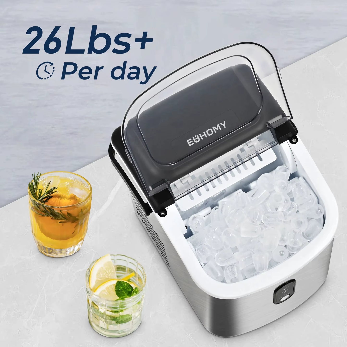 Portable Countertop Ice Maker with Handle – 26 lbs/24H, 9 Bullet Cubes in 6 Mins, Auto-Cleaning, Compact & Quiet – Silver