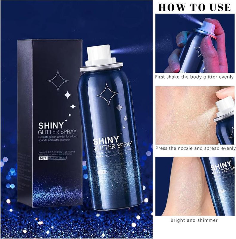 [Buy 1 Get 1 Free] Body Glitter Spray for Skin & Hair – Long-Lasting, Quick-Drying Silver Shimmer – Festival, Rave, Stage & Prom Makeup Glitter – 2.11 Fl Oz