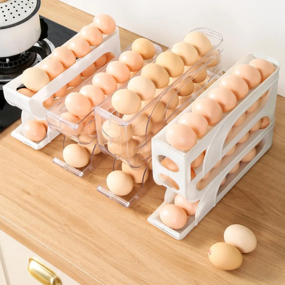 Large Capacity 4-Tier Automatic Egg Roller – Space-Saving Refrigerator Egg Storage Box for Kitchen Organization