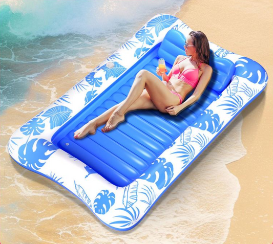 Inflatable Tanning Pool Lounge – 83″ x 49″ Sunbathing Float with Cup Holder | 2025 Adult Sun Tan Tub in Blue, Pink & Gold