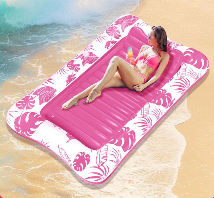 Inflatable Tanning Pool Lounge – 83″ x 49″ Sunbathing Float with Cup Holder | 2025 Adult Sun Tan Tub in Blue, Pink & Gold