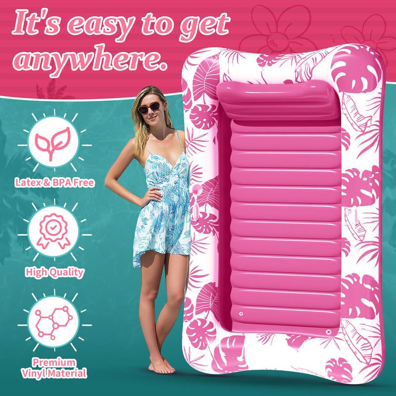 Inflatable Tanning Pool Lounge – 83″ x 49″ Sunbathing Float with Cup Holder | 2025 Adult Sun Tan Tub in Blue, Pink & Gold