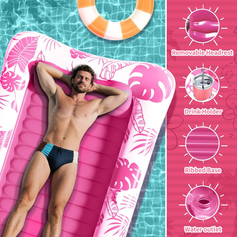 Inflatable Tanning Pool Lounge – 83″ x 49″ Sunbathing Float with Cup Holder | 2025 Adult Sun Tan Tub in Blue, Pink & Gold