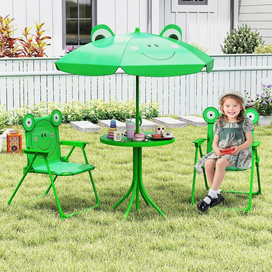 Kids Outdoor Picnic Table Set with Adjustable Umbrella & Folding Chairs – Portable Children’s Patio, Garden & Backyard Furniture
