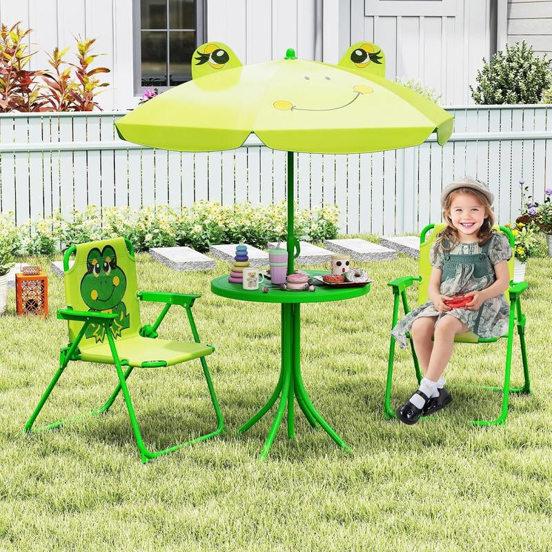 Kids Outdoor Picnic Table Set with Adjustable Umbrella & Folding Chairs – Portable Children’s Patio, Garden & Backyard Furniture