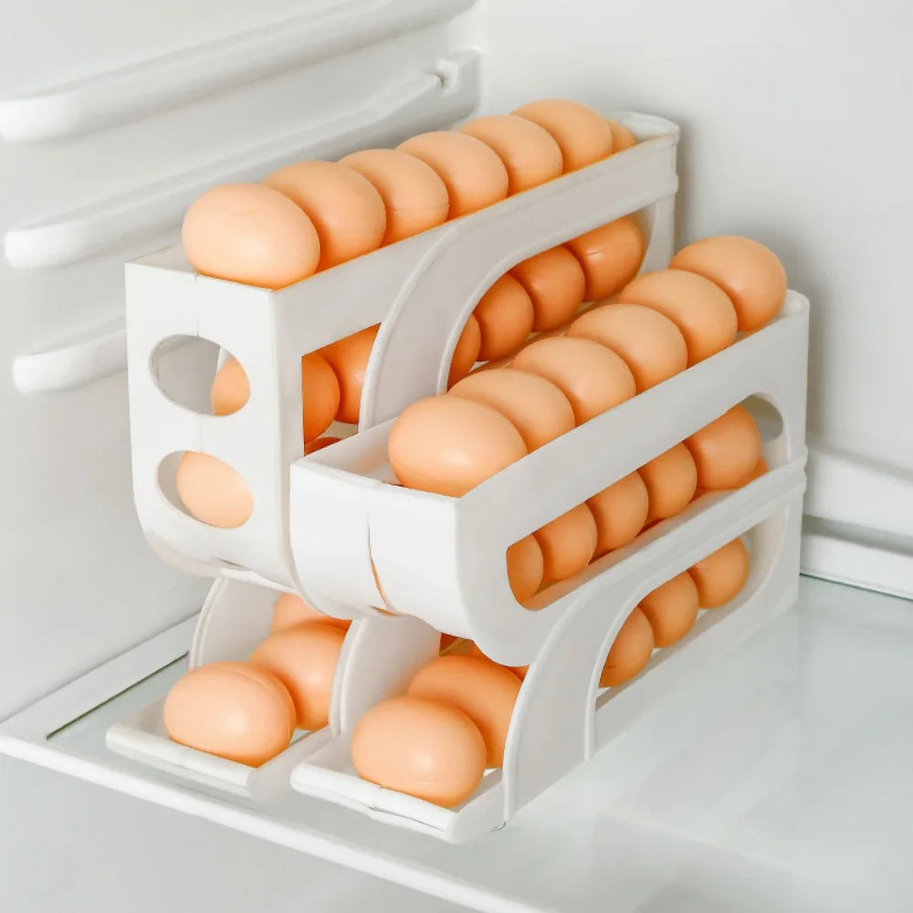 Large Capacity 4-Tier Automatic Egg Roller – Space-Saving Refrigerator Egg Storage Box for Kitchen Organization