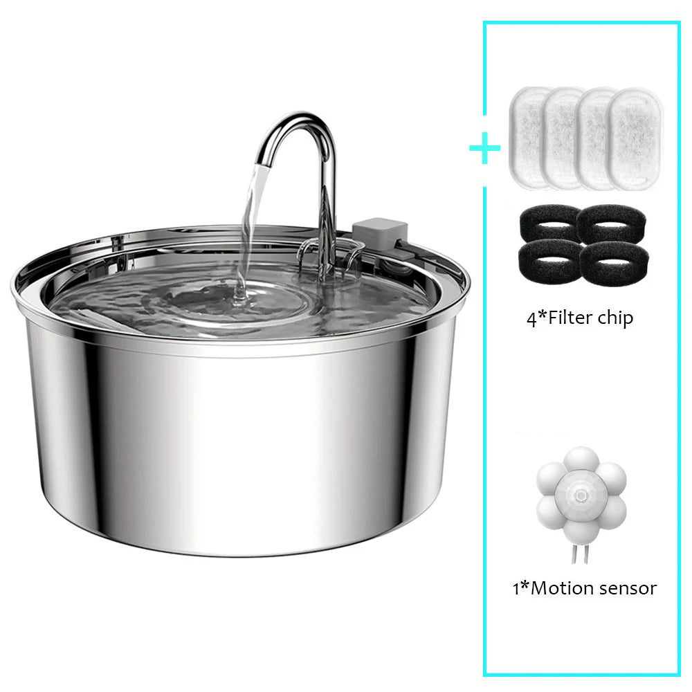 Automatic Stainless Steel Water Fountain- USB Quiet Auto Feeder for Cats & Dogs with Filter