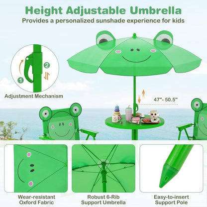 Kids Outdoor Picnic Table Set with Adjustable Umbrella & Folding Chairs – Portable Children’s Patio, Garden & Backyard Furniture