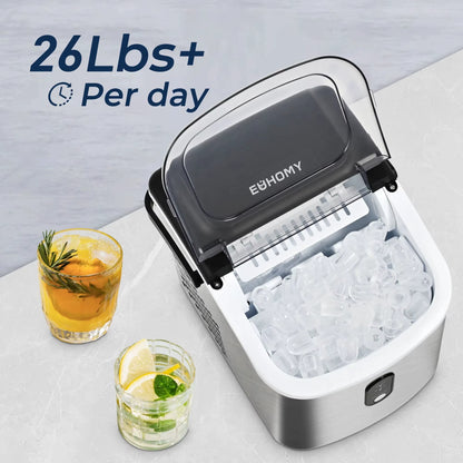 Portable Countertop Ice Maker with Handle – 26 lbs/24H, 9 Bullet Cubes in 6 Mins, Auto-Cleaning, Compact & Quiet – Silver