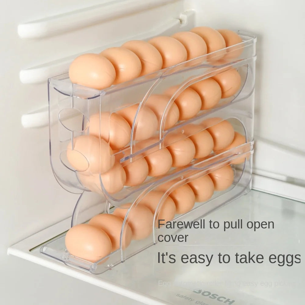Large Capacity 4-Tier Automatic Egg Roller – Space-Saving Refrigerator Egg Storage Box for Kitchen Organization