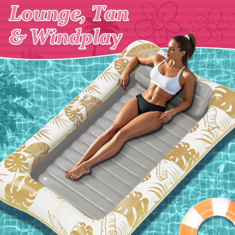 Inflatable Tanning Pool Lounge – 83″ x 49″ Sunbathing Float with Cup Holder | 2025 Adult Sun Tan Tub in Blue, Pink & Gold