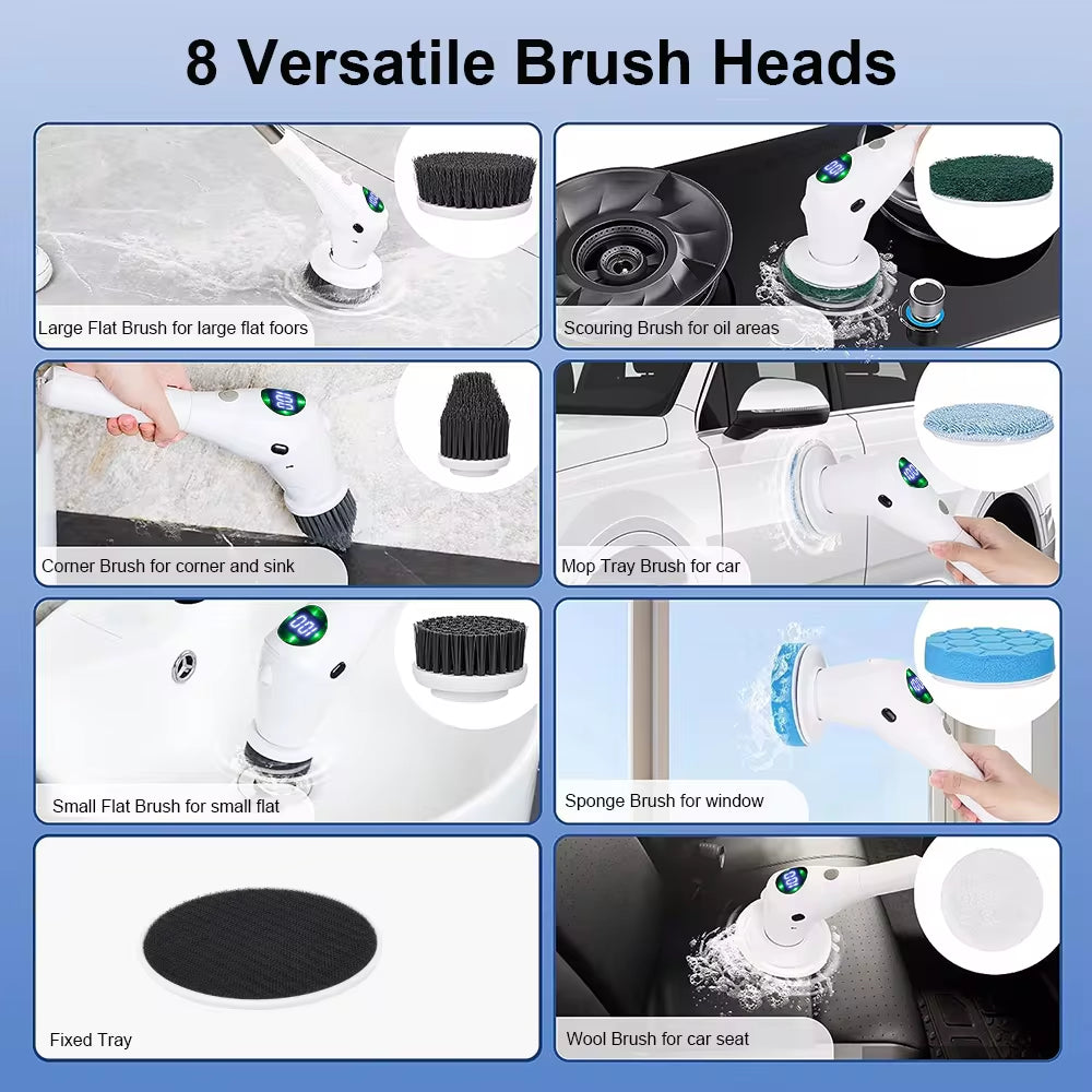 8-in-1 Electric Cleaning Brush – Cordless Rotating Scrubber for Bathroom, Kitchen & Home