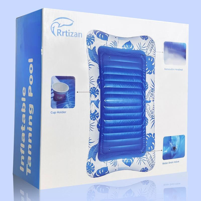 Inflatable Tanning Pool Lounge – 83″ x 49″ Sunbathing Float with Cup Holder | 2025 Adult Sun Tan Tub in Blue, Pink & Gold