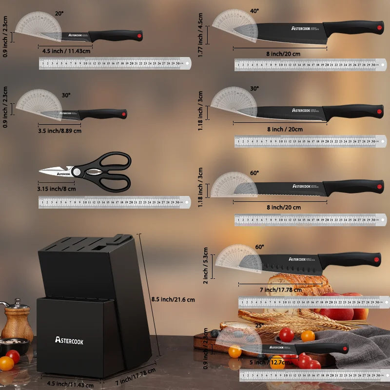 15-Piece Premium German Stainless Steel Knife Set with Built-In Sharpener Block – Dishwasher Safe, Ultra-Sharp Kitchen Essentials