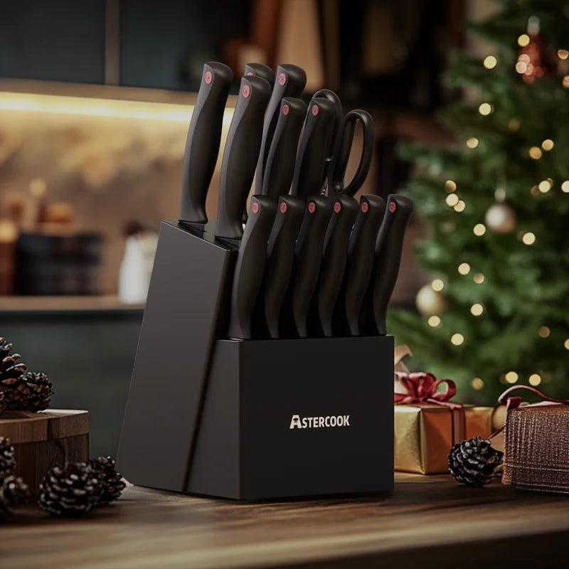 15-Piece Premium German Stainless Steel Knife Set with Built-In Sharpener Block – Dishwasher Safe, Ultra-Sharp Kitchen Essentials