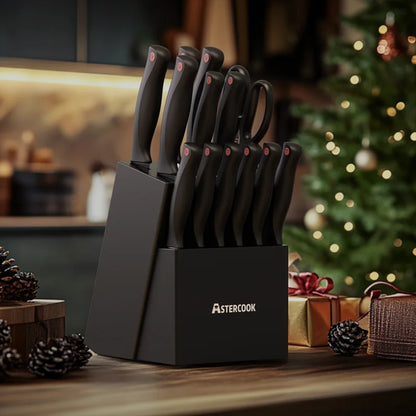 15-Piece Premium German Stainless Steel Knife Set with Built-In Sharpener Block – Dishwasher Safe, Ultra-Sharp Kitchen Essentials