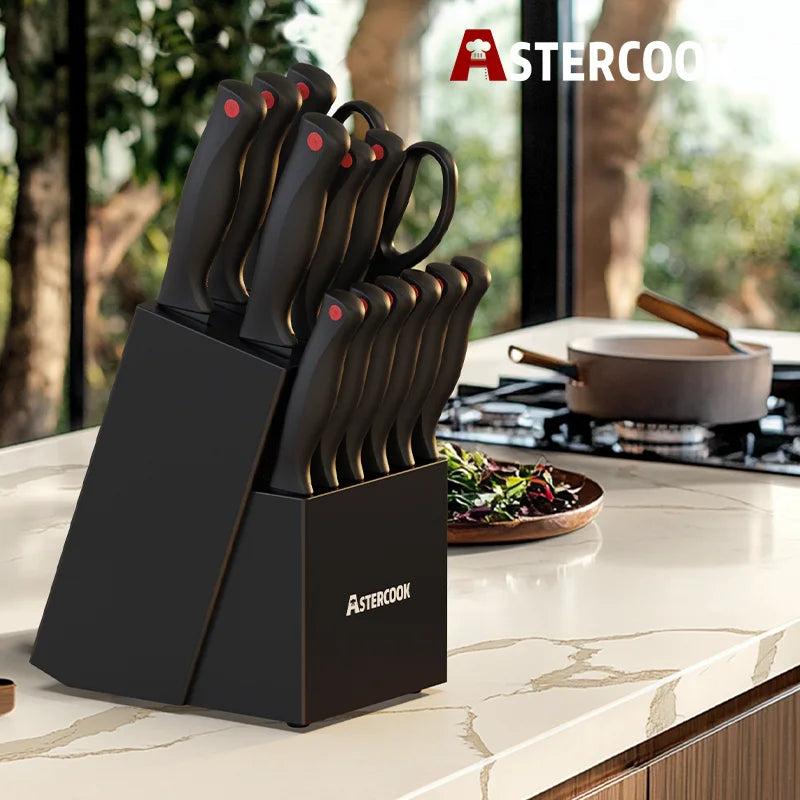 15-Piece Premium German Stainless Steel Knife Set with Built-In Sharpener Block – Dishwasher Safe, Ultra-Sharp Kitchen Essentials