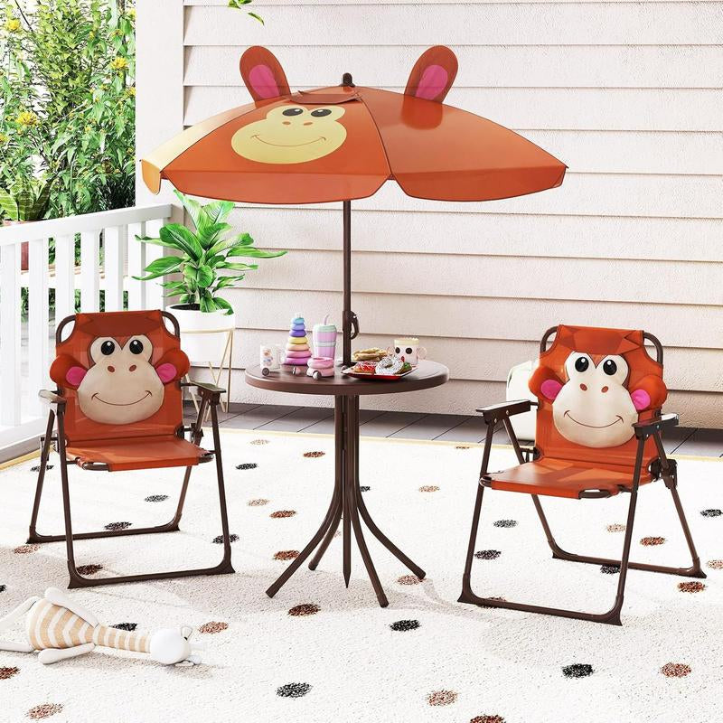 Kids Outdoor Picnic Table Set with Adjustable Umbrella & Folding Chairs – Portable Children’s Patio, Garden & Backyard Furniture