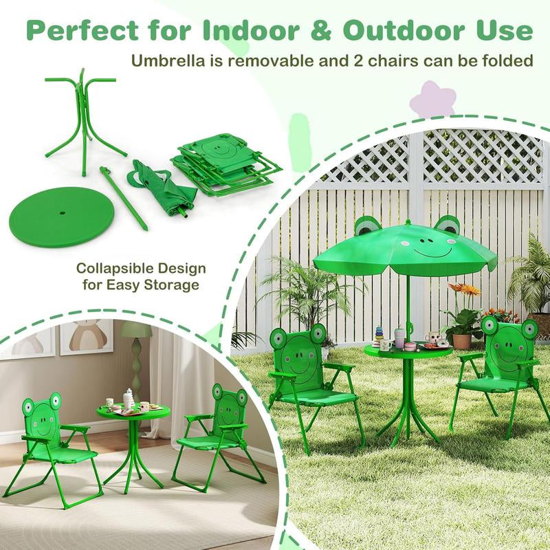 Kids Outdoor Picnic Table Set with Adjustable Umbrella & Folding Chairs – Portable Children’s Patio, Garden & Backyard Furniture