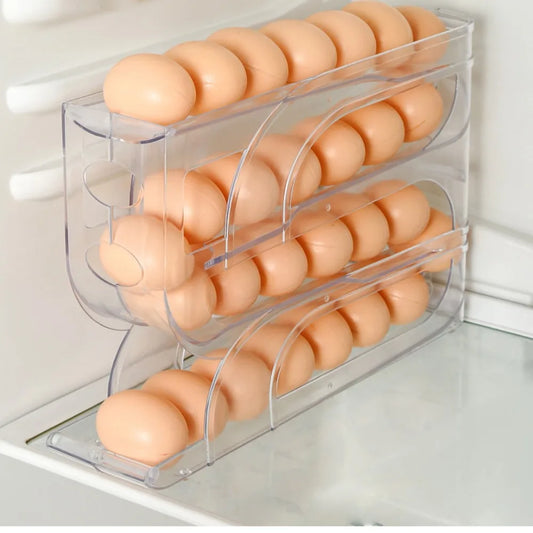 Large Capacity 4-Tier Automatic Egg Roller – Space-Saving Refrigerator Egg Storage Box for Kitchen Organization