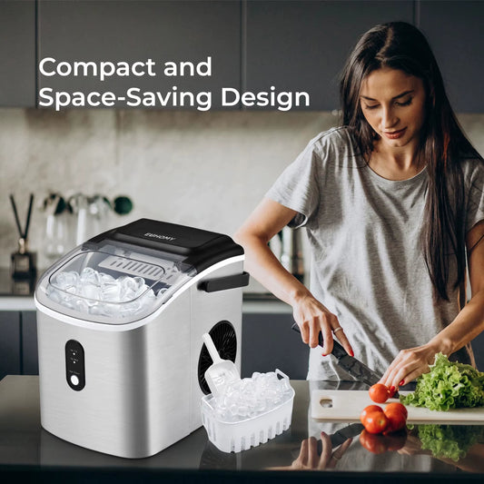 Portable Countertop Ice Maker with Handle – 26 lbs/24H, 9 Bullet Cubes in 6 Mins, Auto-Cleaning, Compact & Quiet – Silver