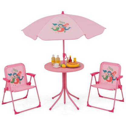 Kids Outdoor Picnic Table Set with Adjustable Umbrella & Folding Chairs – Portable Children’s Patio, Garden & Backyard Furniture