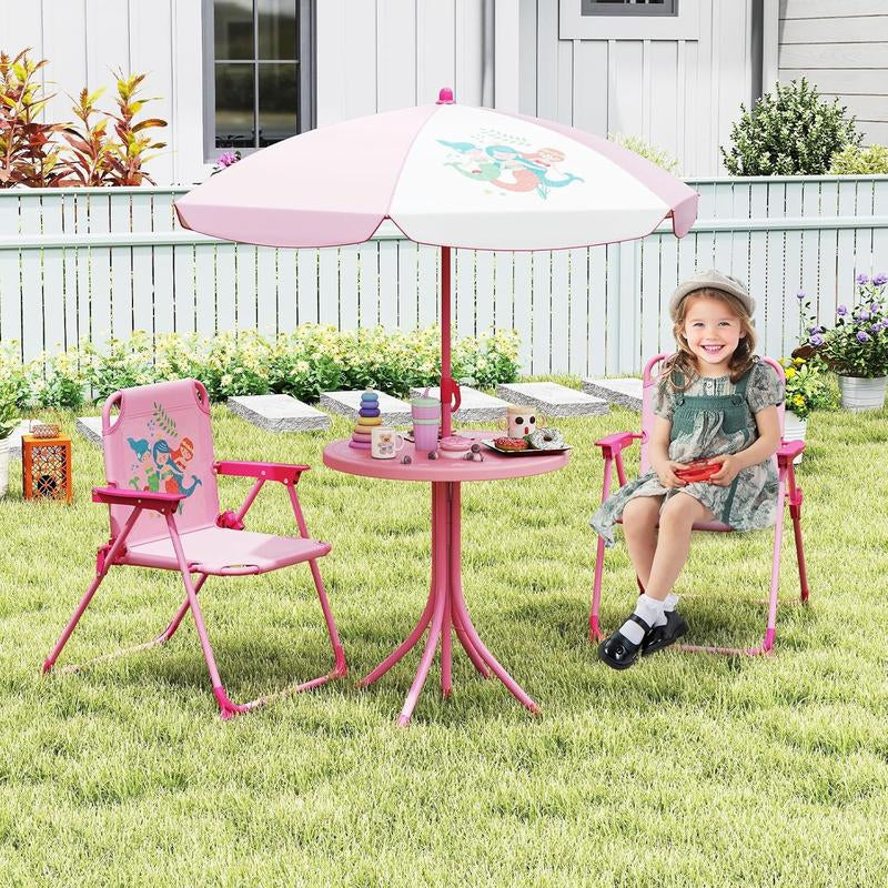 Kids Outdoor Picnic Table Set with Adjustable Umbrella & Folding Chairs – Portable Children’s Patio, Garden & Backyard Furniture