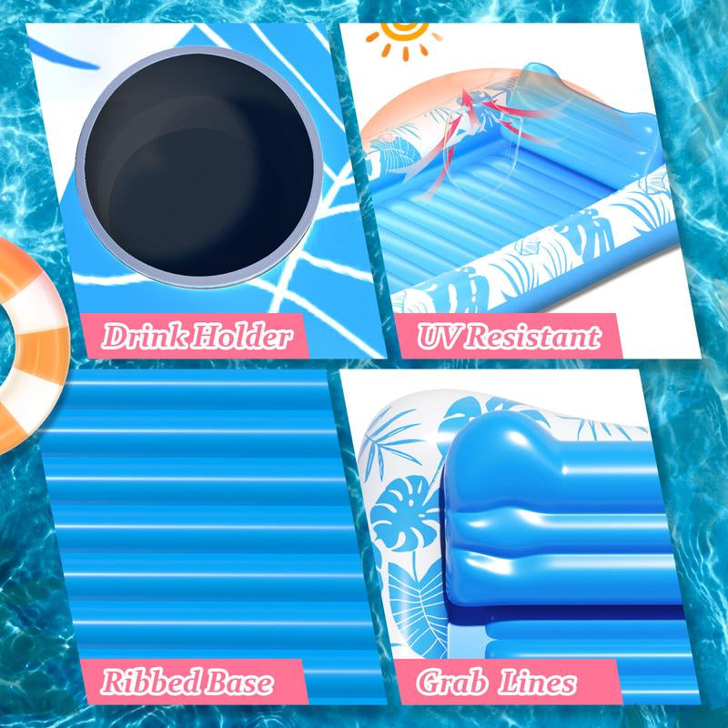 Inflatable Tanning Pool Lounge – 83″ x 49″ Sunbathing Float with Cup Holder | 2025 Adult Sun Tan Tub in Blue, Pink & Gold